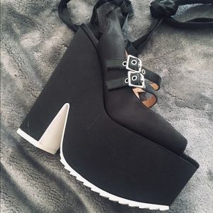 BLACK satin wedge shoes